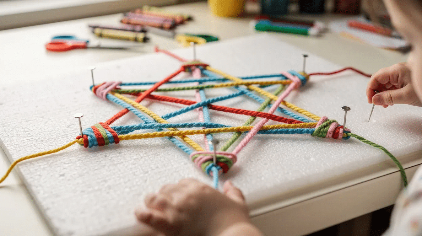 ec63980d-c37e-4104-abac-4ec8926710ca A colorful star shape made from yarn wrapped around push pins on a foam board showcases a child's creativity, reflecting the fun and inspiration found in crafting and new hobbies. The geometric design highlights the use of vibrant textures and patterns, perfect for encouraging kids to explore their artistic skills.