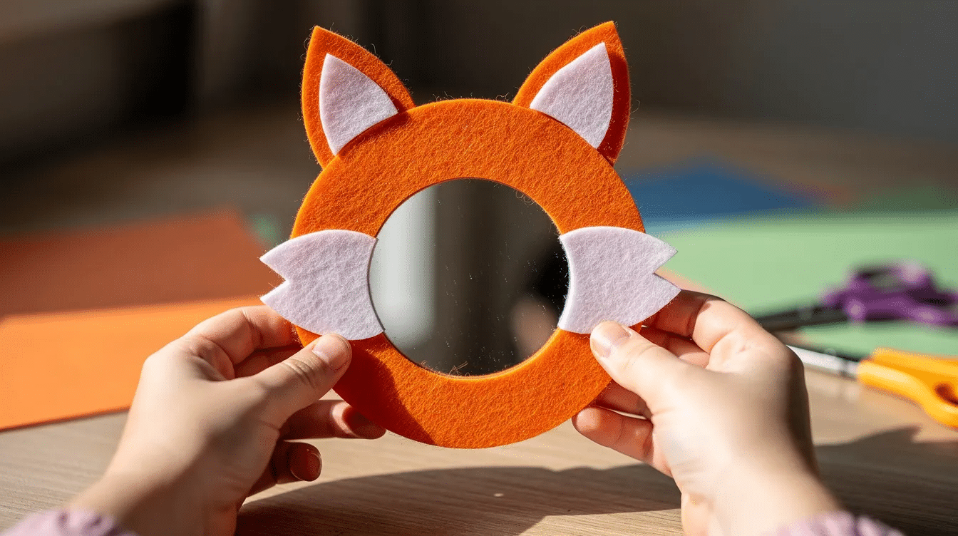 ee0cd410-5921-49c2-81b2-6b1a80a73d00 A child's hands are gently holding a beautiful handmade fox-shaped mirror craft, created from vibrant orange foam adorned with white felt cheeks and pointed ears. This charming animal-themed mirror showcases the creativity and love of kids, making it a delightful addition to any home decor.