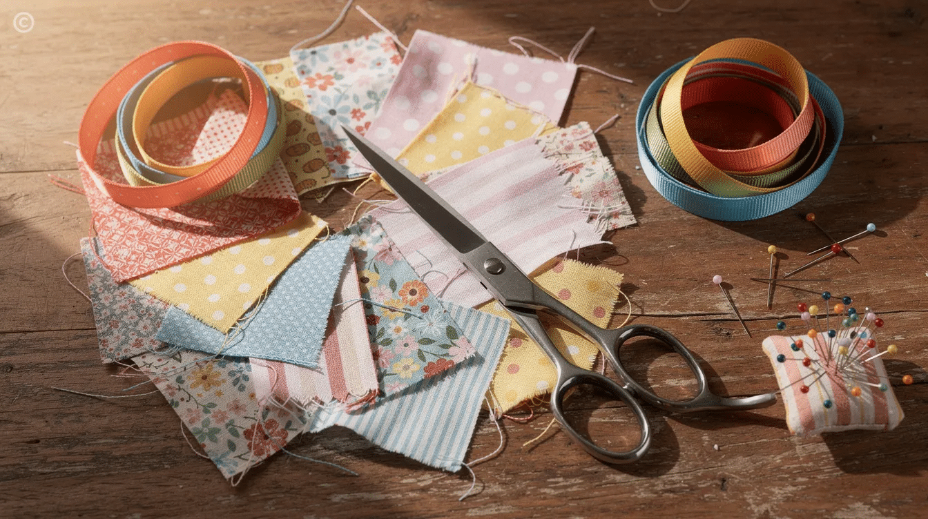 efe2b31a-31ea-4511-ac15-a33fc9ea9393 A flat lay arrangement features colorful fabric scraps, assorted ribbons, scissors, and sewing pins neatly placed on a wooden desk, creating a vibrant and creative workspace. The scene evokes a sense of crafting and DIY projects, perfect for moms and kids who enjoy making cute items together.