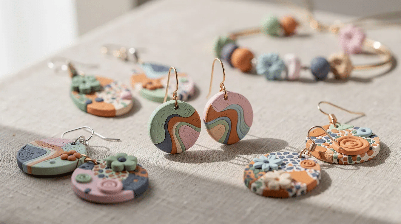 f0252f97-1a40-4579-bfac-bdde36d48ed1 The image showcases a vibrant assortment of polymer clay jewelry, including a pair of colorful earrings and a matching necklace, all featuring unique shapes and textures. The finished pieces display a blend of pink and gray hues, highlighting the fun and creative possibilities of DIY clay earrings.