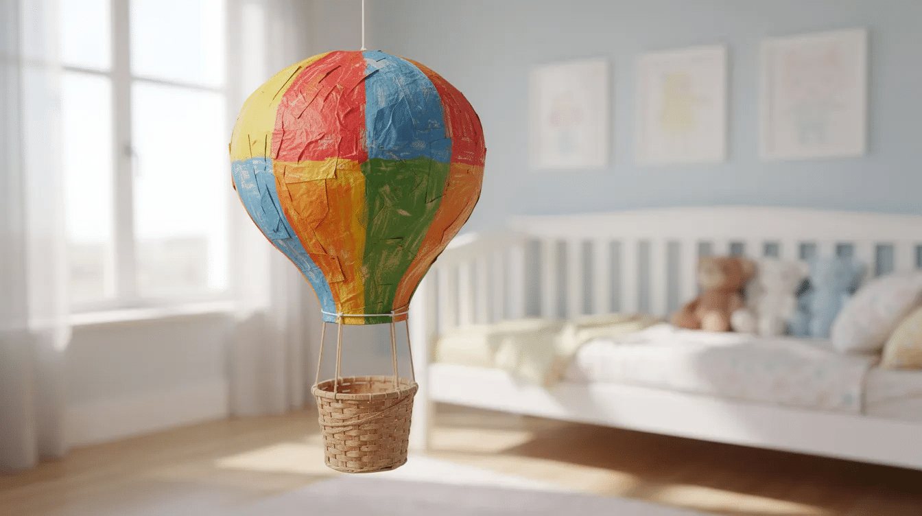 f05aced0-e7b8-4bb4-b1c9-b49115f3b35f A colorful handmade paper mache hot air balloon hangs from a string in a bright children's bedroom, featuring layers of vibrant acrylic paint and a cheerful design. The whole balloon adds a playful touch to the decor, creating a fun atmosphere for kids.