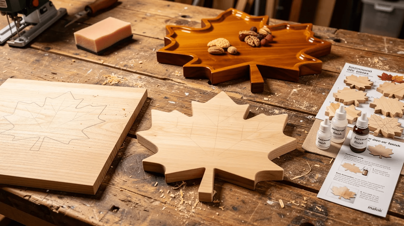 f07469fb-9eee-4cf6-b29d-4f9ea174f5eb The image features beautifully crafted leaf-shaped serving trays made from hardwood, showcasing a rustic design perfect for fall decor. These trays, ideal for entertaining or as budget-friendly gifts, highlight the charm of wood projects and can be made using simple tools like a jigsaw and sandpaper.