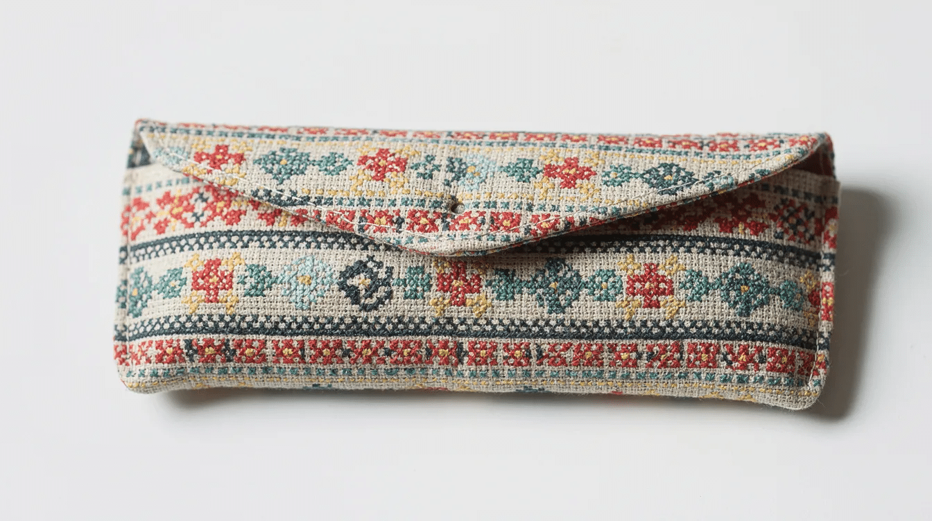 f13fbd80-0c65-4ee6-b71a-cb8010a05a5b The image shows a beautifully crafted cross stitch sunglasses case, featuring vibrant colors and a personalized design that reflects the owner's style. This needlepoint project includes a plastic canvas and is lined with soft fabric for extra protection, making it a functional and stylish accessory for everyday essentials.