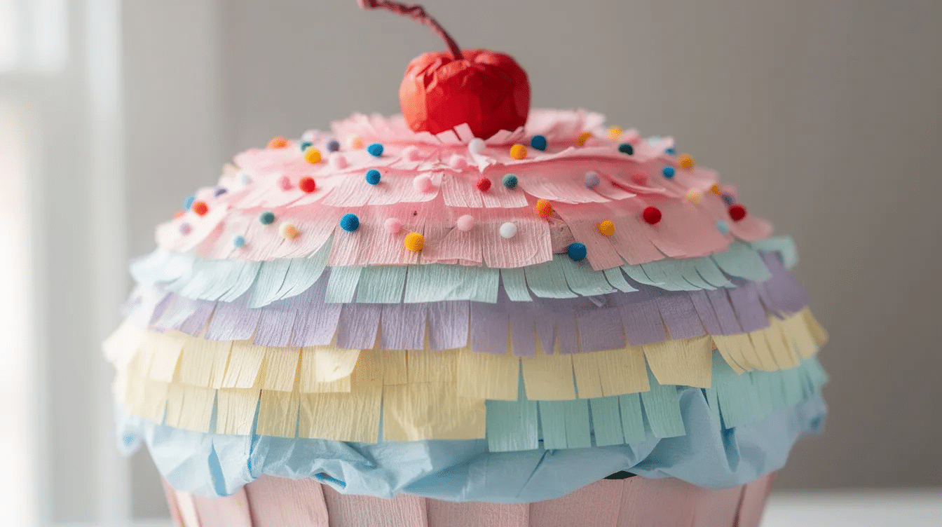 f178da59-5e1d-4128-a251-b9e5405bab28 The image shows a close-up of a beautifully decorated cupcake piñata, featuring a dome of icing adorned with pastel fringed crepe paper, colorful pom-pom sprinkles, and a bright red tissue paper cherry on top. This delightful treat is a fun and festive centerpiece, perfect for parties and celebrations, inviting everyone to enjoy the surprise filled cupcakes inside.
