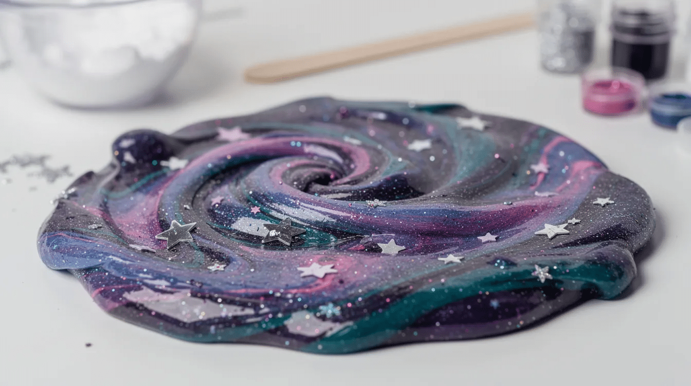 f17c09d4-41b9-4b45-8728-314f3ea82481 The image depicts a vibrant galaxy slime filled with glittering stars, showcasing swirling cosmic colors reminiscent of the night sky. This fun craft allows kids to explore their creativity as they create nebula-like patterns, evoking the beauty of outer space and constellations like Orion and the Big Dipper.
