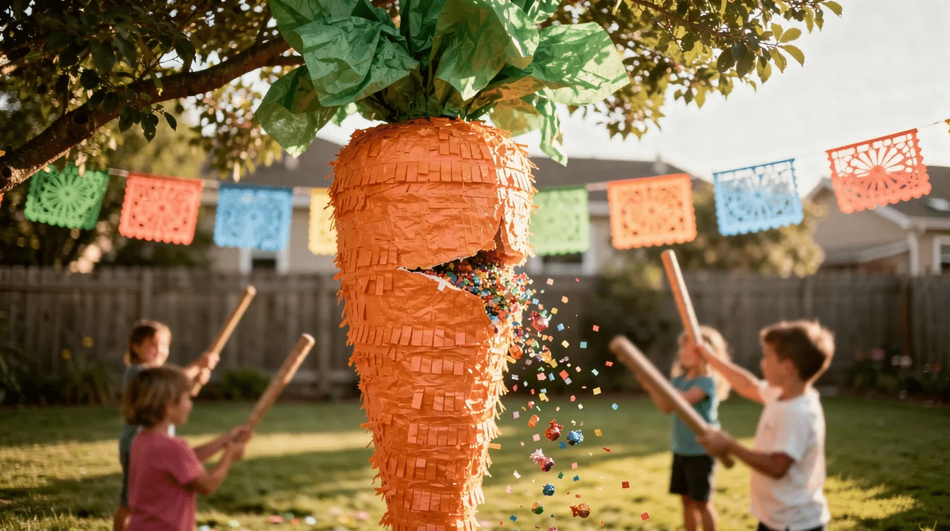 The image features a vibrant giant carrot piñata, perfect for an Easter-themed party, surrounded by multiple excited kids ready to take their turns. The piñata, designed to resemble a large orange carrot, hangs from a colorful backdrop, creating a fun and festive atmosphere.