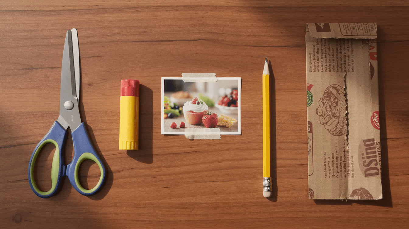 f25cb4ae-c52a-4611-acfc-b473c2c54000 A flat lay arrangement of craft supplies on a wooden table features scissors, a glue stick, a printed photo, cereal box cardboard, and a pencil, ideal for creating a custom photo puzzle. This setup encourages creativity and interactive family activities, perfect for assembling personalized puzzles that showcase favorite memories.