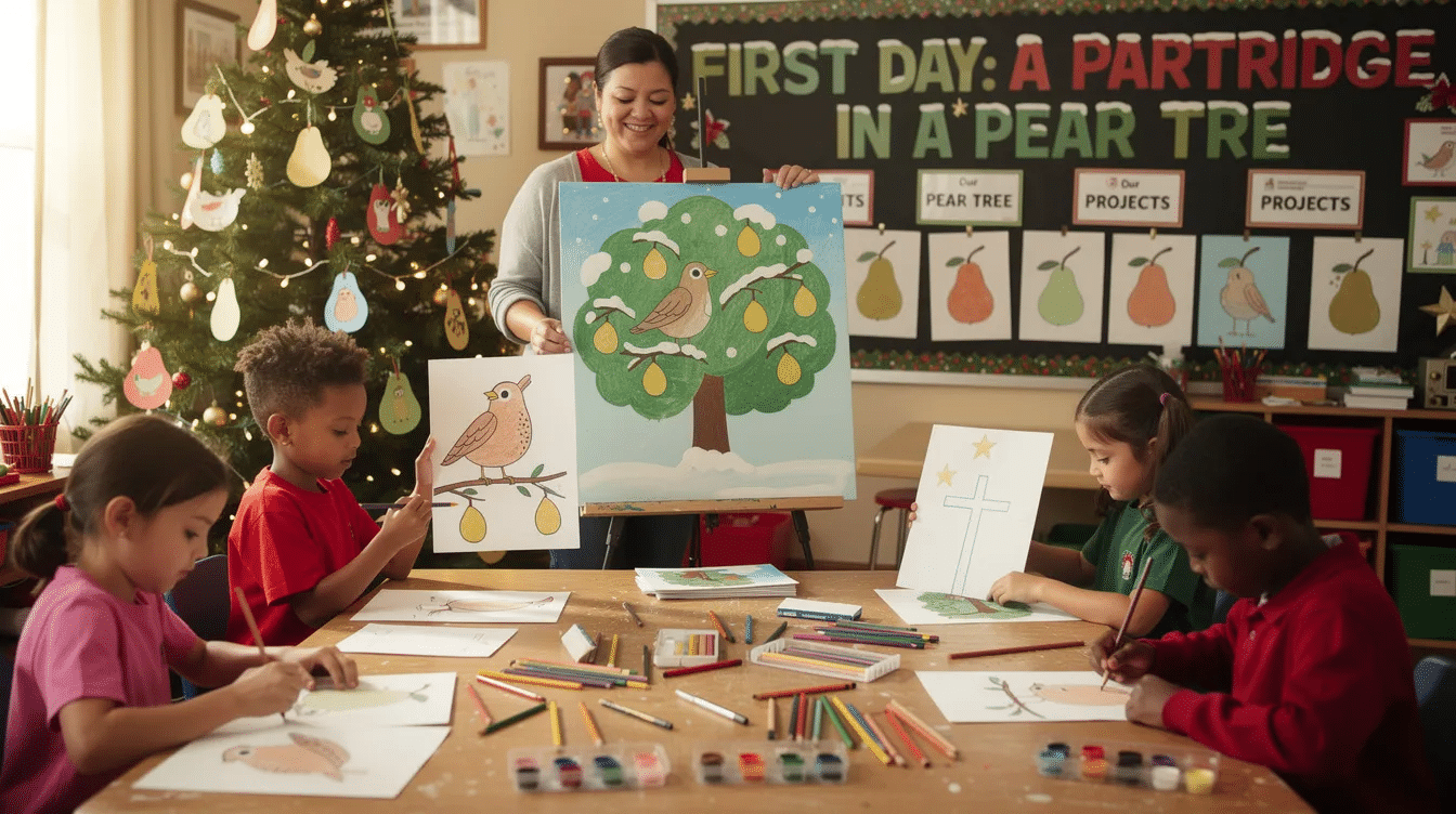 f31f7f08-366f-4ccb-89b4-ff3bde6b4a65 The image depicts a colorful drawing of a partridge perched in a lush pear tree, symbolizing the beginning of the Christmas story and the sacrifice of Jesus Christ for humanity. This creative project encourages kids to explore Christmas ideas and celebrate the holiday season through art.