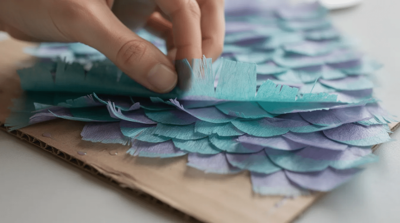 f3214c9b-8540-4df0-9223-7ca55f587423 A close-up view of hands skillfully layering teal and purple tissue paper fringe onto a cardboard surface, creating a vibrant fish scale pattern for a mermaid tail piñata. This colorful design serves as an inspiration for a fun party activity where kids can later hit the piñata to reveal hidden goodies inside.