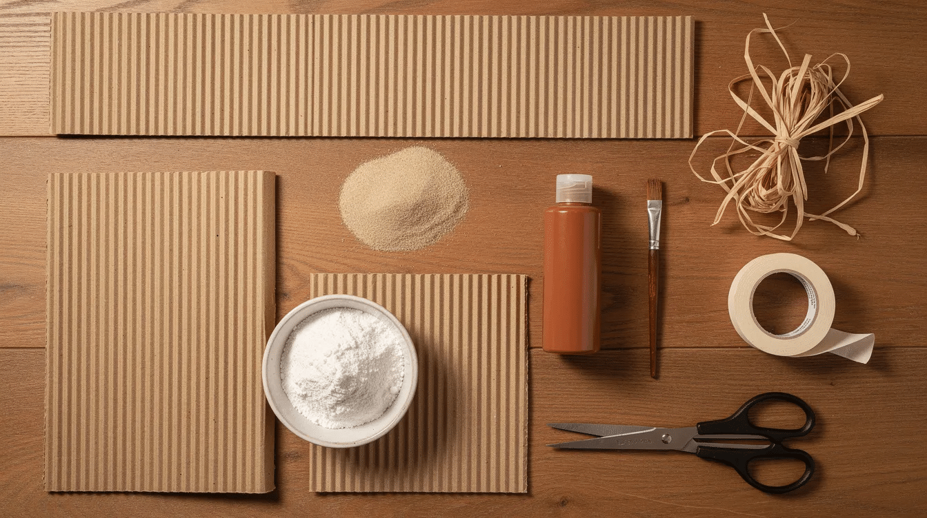 f363d6bc-2db9-4998-b232-ed450a59879e A flat lay photograph showcases various craft supplies arranged on a wooden table, including corrugated cardboard pieces, flour, sand, brown paint, raffia, scissors, and masking tape, all of which can be used to create a miniature cardboard African mud hut inspired by local materials and traditional architecture.