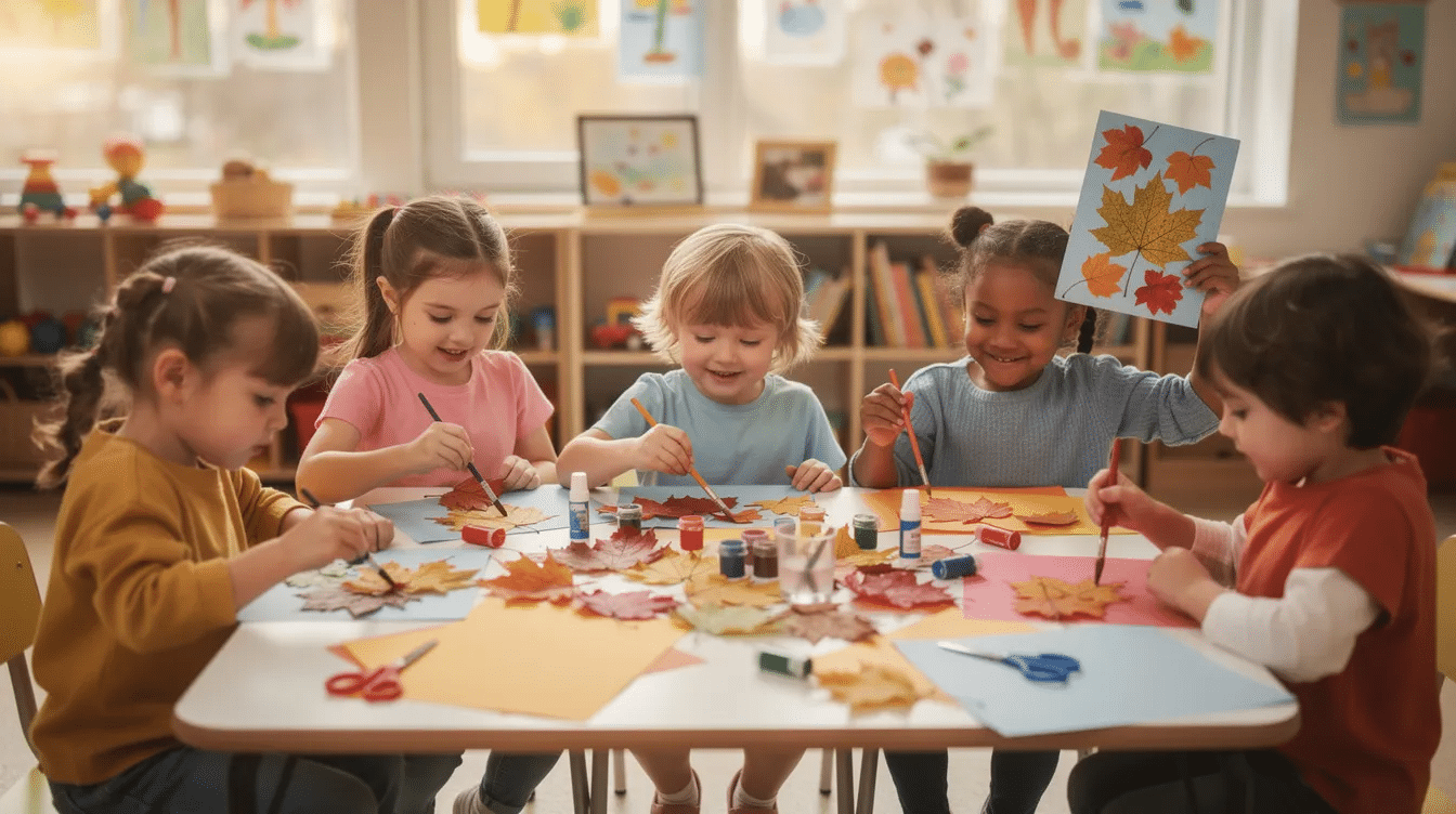 f38ac847-a666-4754-8d47-47f586ac67d5 A group of preschool children is gathered around a table covered with vibrant autumn leaves, paint cups, and colorful construction paper, enthusiastically engaging in fun fall crafts and art projects together. Their activities promote fine motor skills as they explore creative fall crafts like leaf shapes and pumpkin crafts.