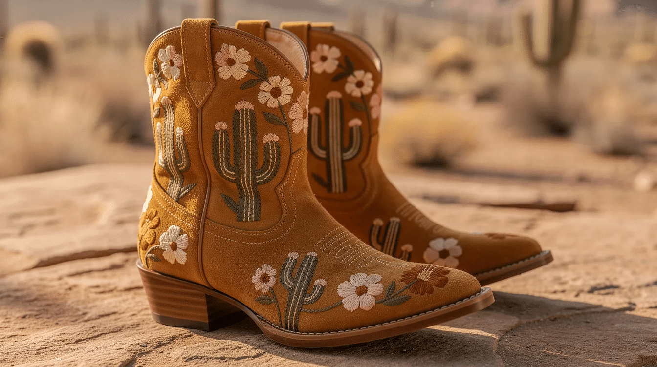 f468712c-b37b-49b3-916c-6a44baf63640 The image features a pair of ankle-height embroidered cactus boots, showcasing intricate desert-inspired stitching with cactus and flower motifs across the shaft. These stylish boots, suitable for casual outings, are crafted from quality leather and suede, making them perfect for both outdoor adventures and pairing with skirts or jeans.