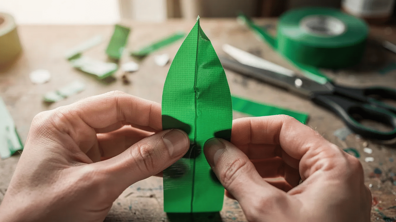 f4c5a6ed-d49b-4a93-8586-7f7aaa8a05b5 A close-up image shows hands skillfully folding a strip of green duct tape into a pointed leaf shape on a craft table, highlighting the creative process of making an unconventional DIY pleated wreath. The sticky side of the tape is visible as it is carefully manipulated to create layers for the wreath design.