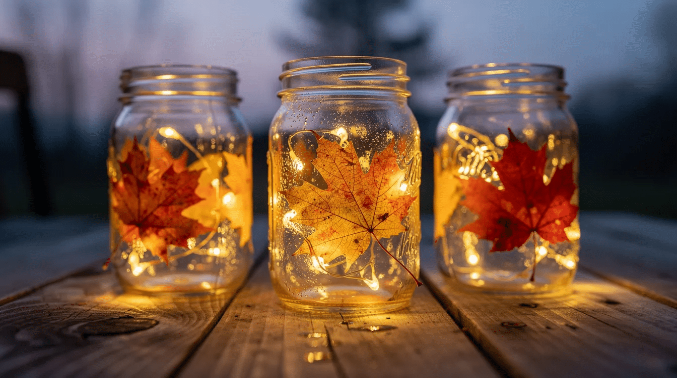 f534aaf3-49c9-496e-b395-d0f3850d4149 Three glowing mason jar luminaries, adorned with colorful autumn leaves, sit on a rustic wooden table as dusk falls, creating a cozy atmosphere perfect for celebrating the fall season. This fun fall craft adds a charming touch to any home decor, inviting families and friends to enjoy the beauty of autumn together.