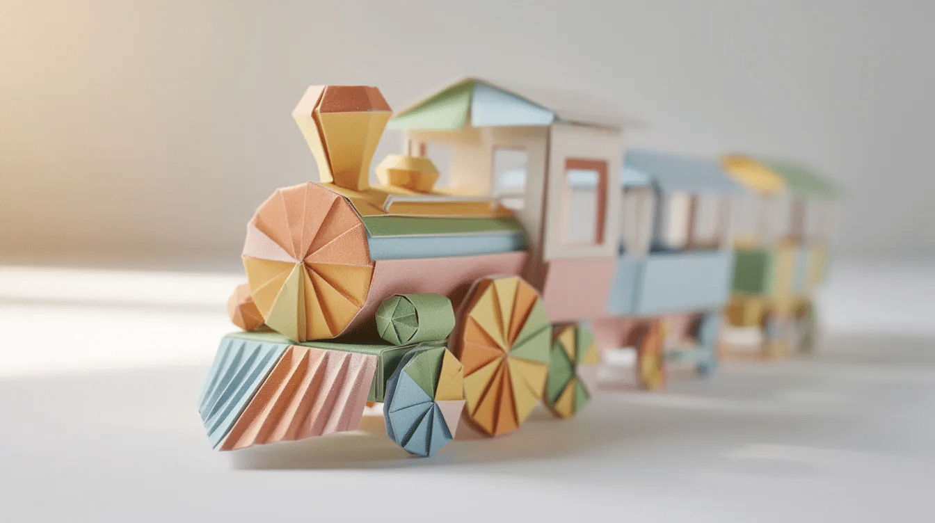 f5abf5ab-5032-4007-bdbe-c8aa134d49ce The image shows a colorful paper train made from construction paper, featuring a train engine and several train cars with wheels. This fun craft activity is designed for kids to enhance their fine motor skills by cutting, folding, and gluing small pieces together.