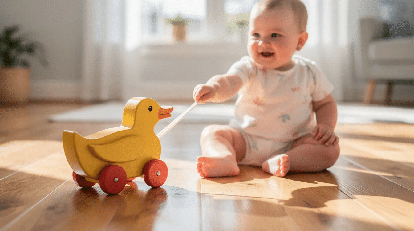 f5bb09d9-35a8-411c-ac18-aee3501c024b A toddler is happily pulling a cute yellow wooden pull along duck toy on wheels across a smooth hardwood floor in a bright room, showcasing their gross motor skills as they explore their environment. The duck features a charming design with a slight taper and a round body, making it an appealing toy for young children.