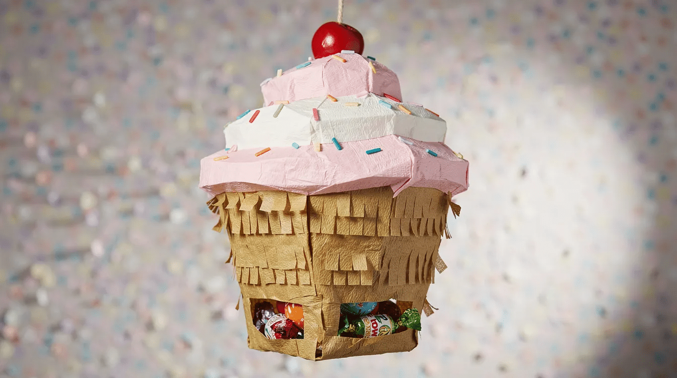 f641c733-66ea-4168-b4e4-37f6af7cd283 The image features a vibrant cupcake piñata, designed to resemble a colorful treat with icing and sprinkles, showcasing a fun and festive appearance. This delightful piñata is filled with small candies, making it a huge hit at parties and celebrations.