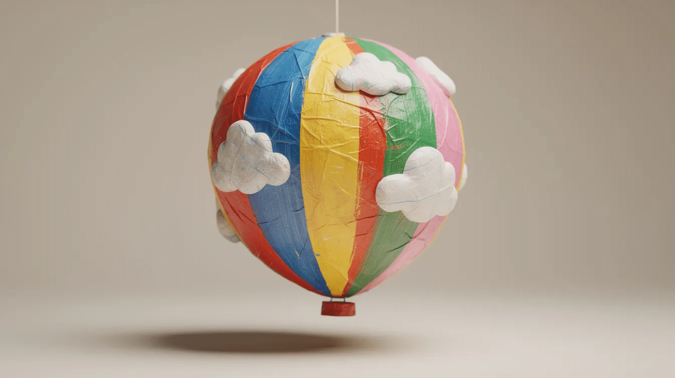 f746070f-10bb-4693-9e07-ada73700c803 The image features a brightly painted paper mache hot air balloon adorned with colorful stripes and small cloud shapes, showcasing a whimsical design perfect for a child's room. The vibrant colors and playful patterns highlight the creativity involved in this fun craft project.