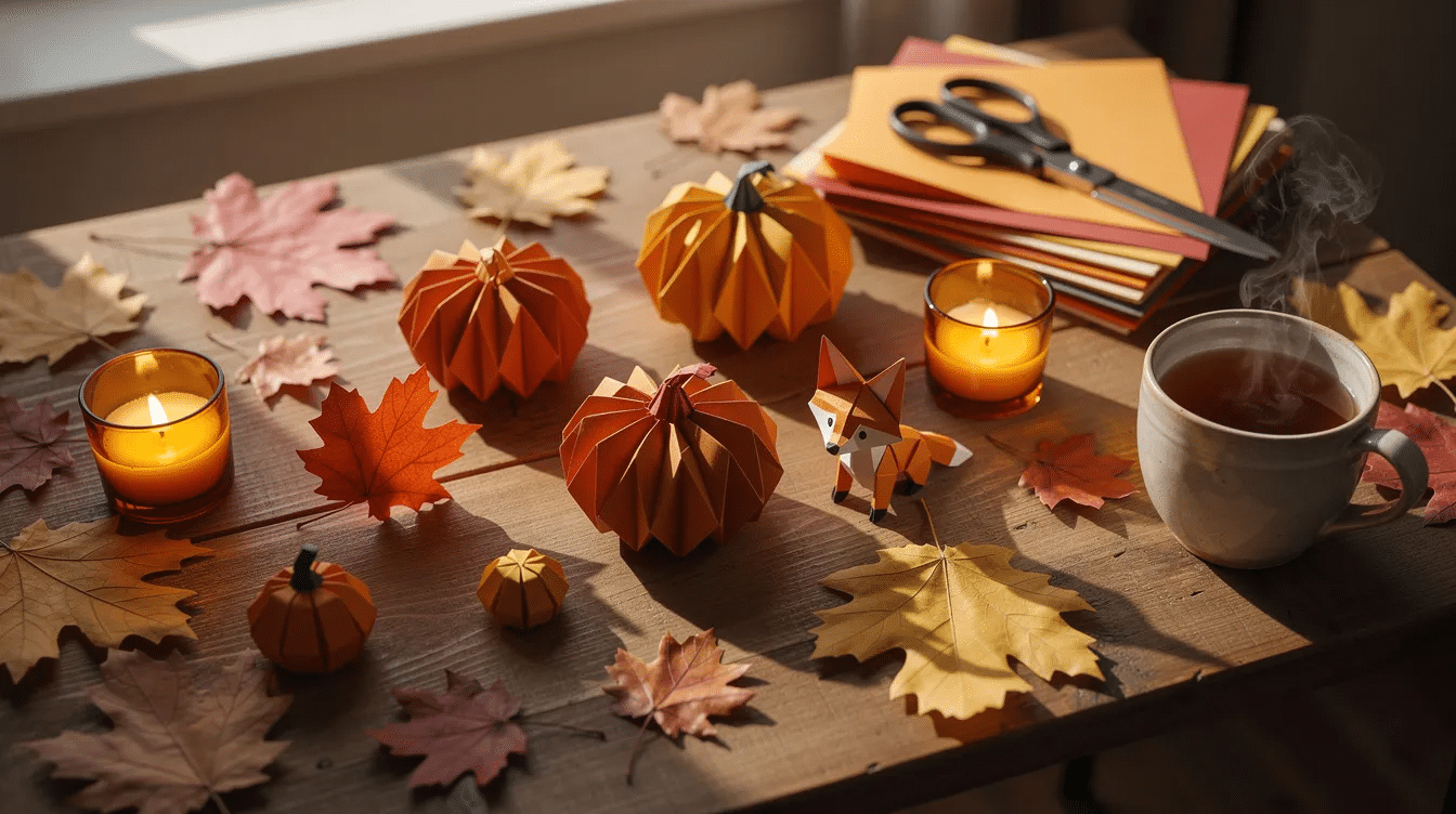 f86c3864-e981-4947-9d5b-cb2b523c149f The image depicts a cozy autumn workspace, filled with completed fall origami projects such as origami pumpkins and adorable origami mushrooms, arranged artfully among vibrant red and golden leaves and softly glowing candles. This inviting scene captures the essence of fall, showcasing easy fall paper crafts that inspire creativity and warmth during the season.