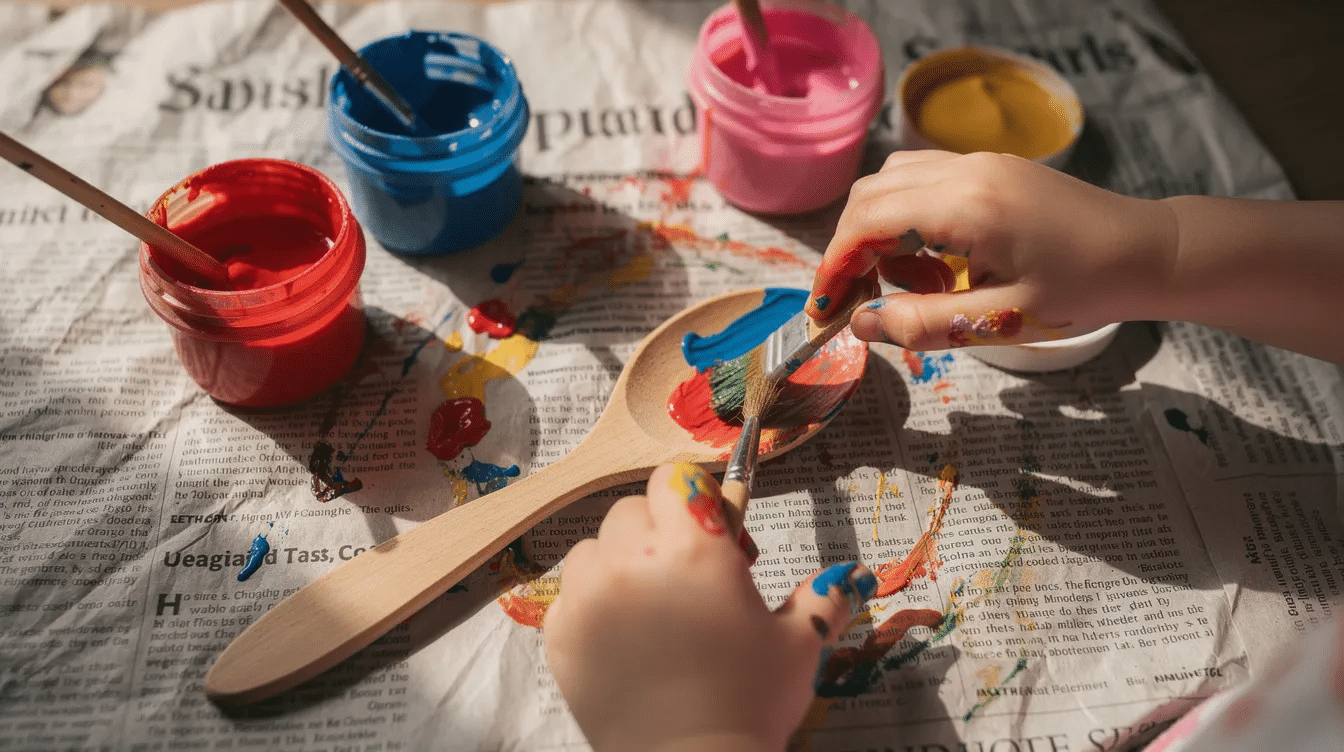 f90eb70c-a83d-4575-a780-9c32529f433d A child's hands are joyfully painting a wooden spoon with bright tempera paints in red, blue, pink, and yellow, while various pots of paint rest on a newspaper-covered surface. This fun craft project showcases the creative process of decorating wooden spoons, perfect for making spoon puppets for a puppet show.