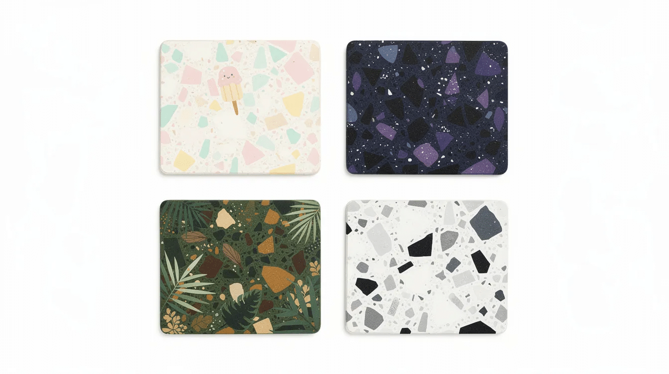 f966b277-f60c-4c82-9d74-4cf25a8f31c8 A grid of four square terrazzo coasters, each showcasing a different colour theme: ice cream pastels, a cosmic space design, a vibrant jungle palette, and a sleek monochrome style, all set against a plain white background. These handmade diy coasters are perfect for adding a touch of creativity to your table while protecting surfaces.