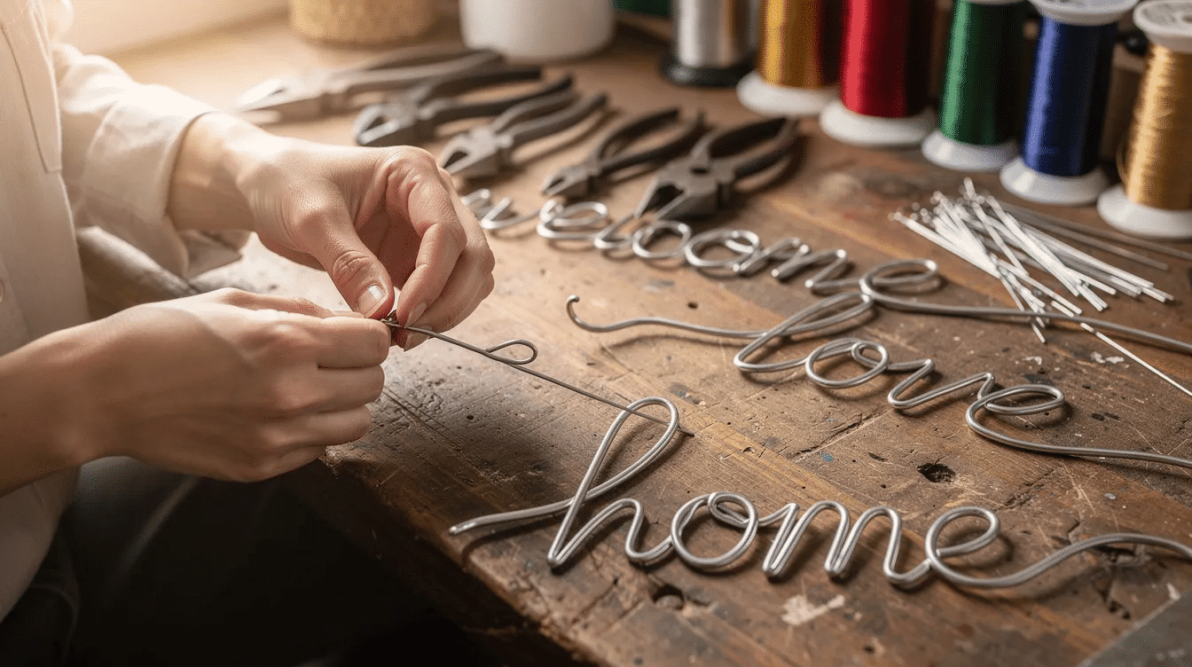 f98b26f2-4ace-4c51-89ad-91fefbe9e52a The image showcases a little DIY project where hands are skillfully using jewelry pliers to create wire signs that display words and names, embodying the concept of dreaming big. The vibrant wire letters are arranged on a wooden desk, serving as inspiration for future creations and motivating ideas.