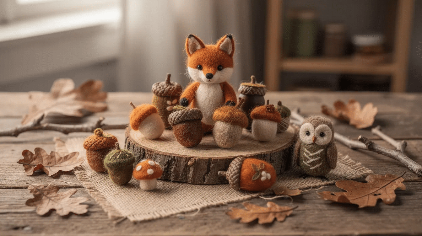 fc28a6b2-086f-4064-8a1e-876fade77b23 The image showcases a collection of adorable felt acorns and mini pumpkins, perfect for fun fall crafts. Surrounding these creations are various craft materials like construction paper and sticks, inviting kids and parents alike to engage in creative autumn projects together.