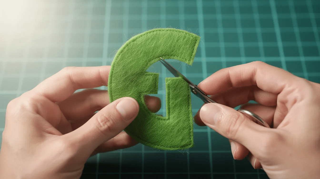 fc9a6af4-1736-4eb2-9e9c-0553190cd7b6 A close-up view shows hands carefully using small sharp scissors to cut out a bright green felt letter shape on a cutting mat, demonstrating a fun and creative way to create words and mini letters for personalized drawstring bags or learning toys. The vibrant color and precise cutting highlight the crafting process involved in making custom items.