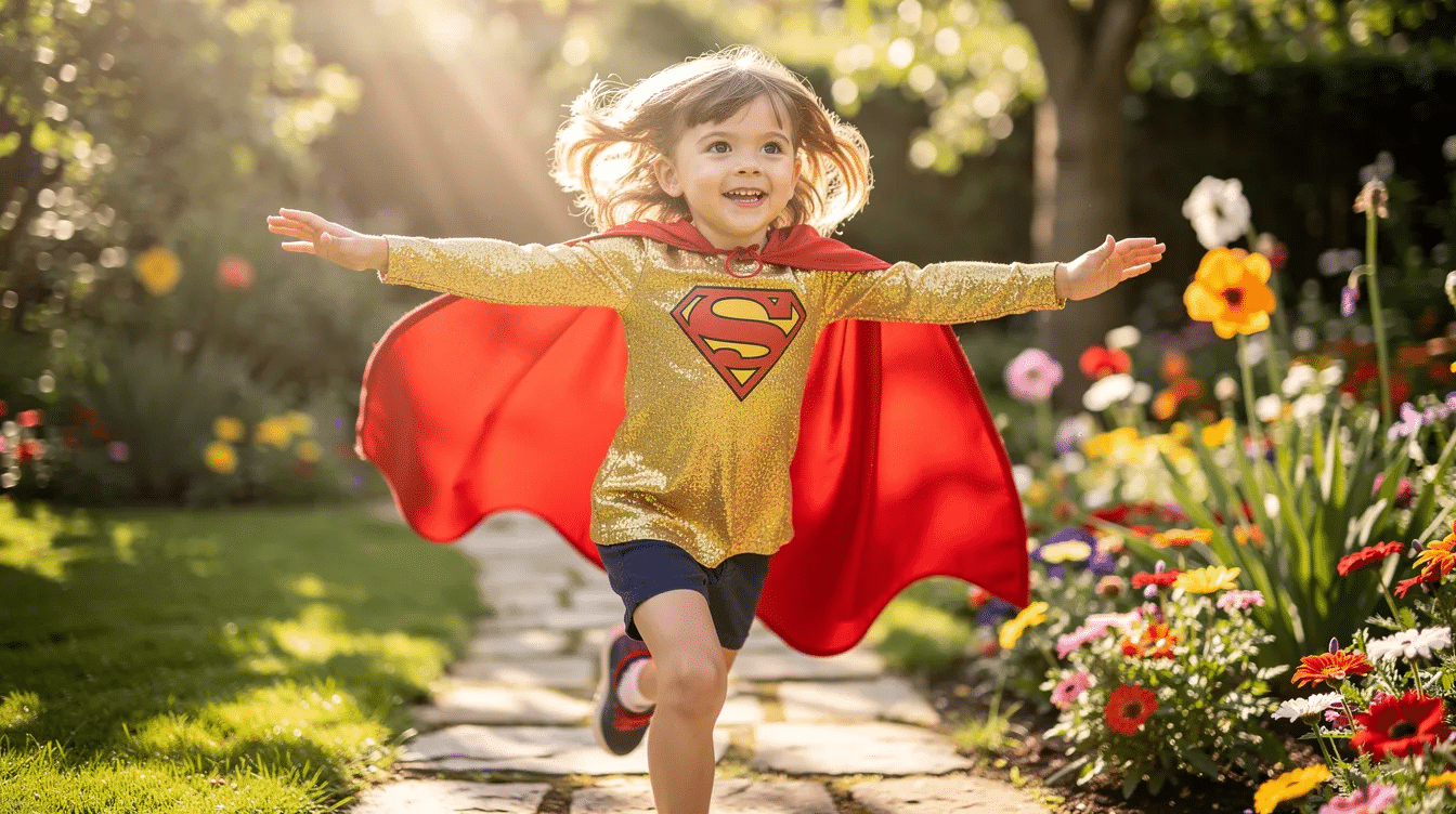 fcc103f3-c663-4555-b1d4-b99fc4325368 A young child is joyfully running through a sunny garden, wearing a sparkly superhero cape in glittery gold and red, with their arms outstretched as if flying. The scene captures the essence of imagination and play, perfect for little ones enjoying a bright day outdoors.