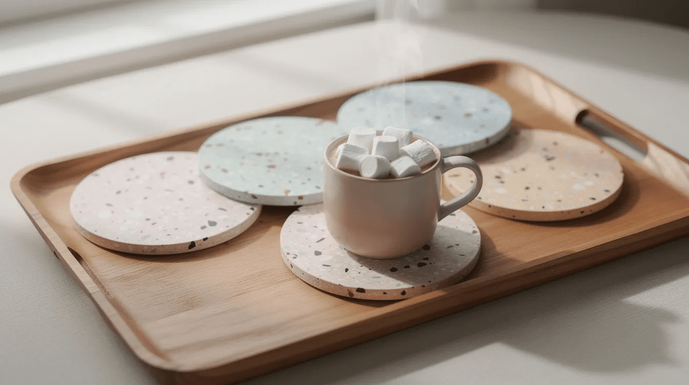fdcf8de3-a1d2-407d-bcfa-25ef00e64759 A wooden tray showcases four handmade pastel terrazzo coasters in soft natural light, with one coaster supporting a small mug of hot chocolate topped with marshmallows. The coasters, perfect for DIY projects, feature a blend of pink, green, and grey colors, adding a beautiful touch to any table setting.