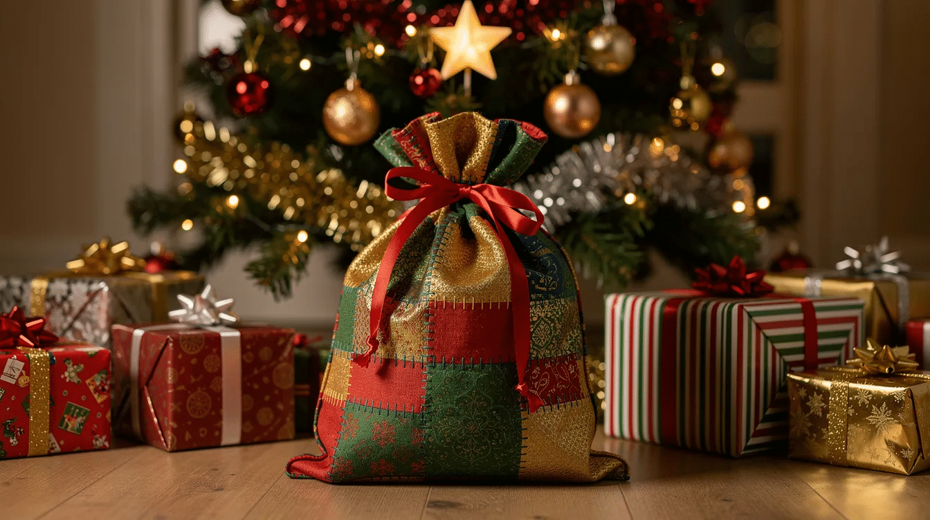 A vibrant handmade fabric santa sack is placed under a beautifully decorated Christmas tree, surrounded by an array of wrapped gifts, creating a festive atmosphere perfect for the holidays. The scene evokes a sense of joy and anticipation for kids and customers alike, ready for a delightful party.