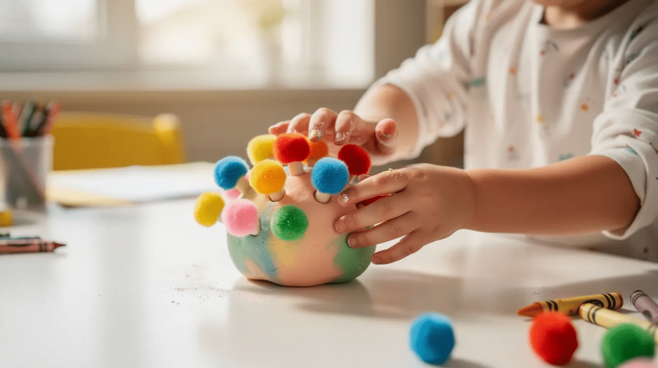 ff0355d5-e33c-423b-bf91-e98a3e6e5628 A preschool-aged child is joyfully pressing colorful pom pom flowers into a ball of playdough on a bright table, showcasing their creativity and love for crafts. The vibrant colors of the flowers add a cheerful touch to the playful scene.