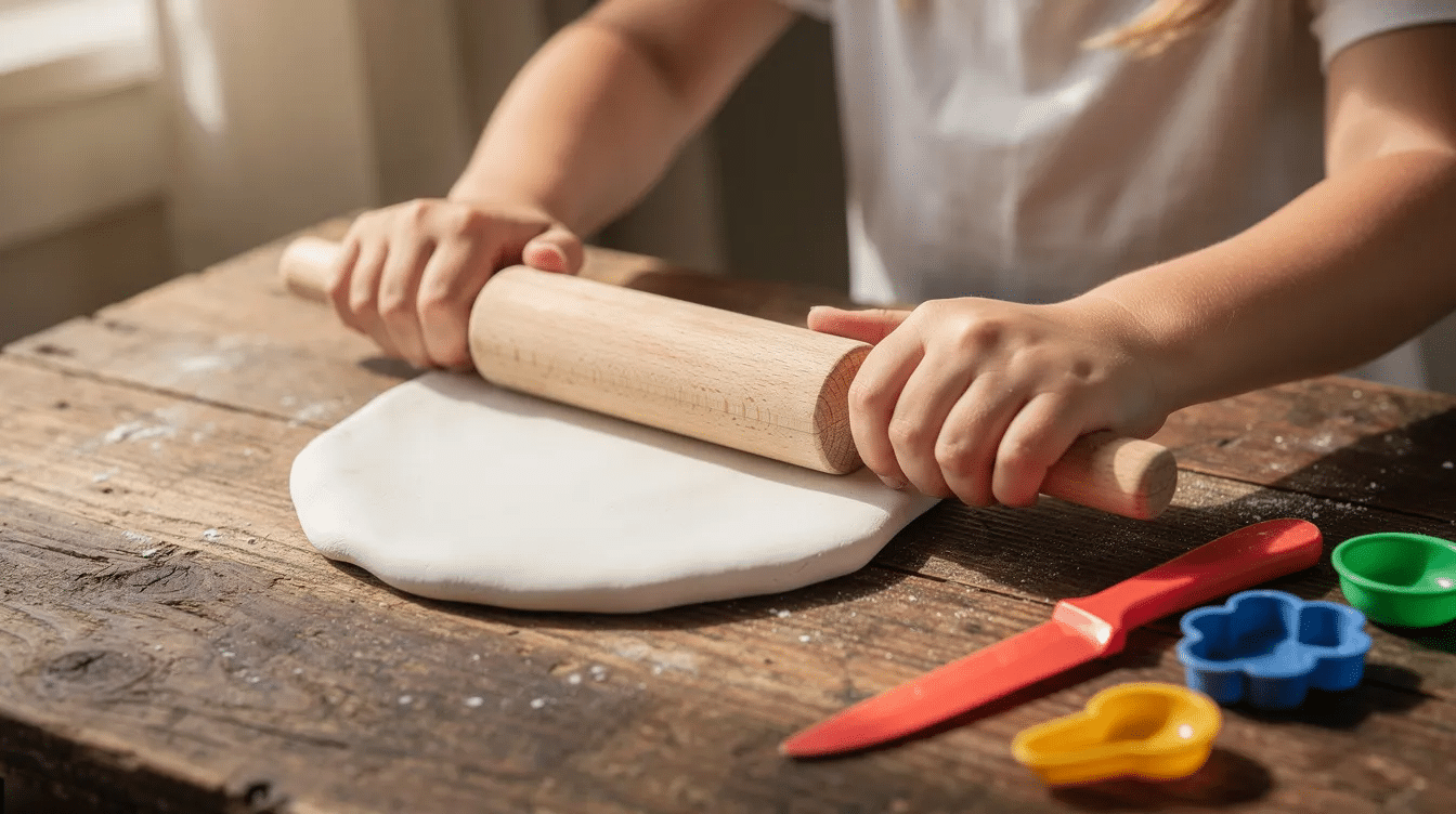 ff5764d6-7074-4ab1-ad12-2746aaf263ab A child's hands are rolling out white air dry clay on a wooden table, with a small rolling pin and a plastic knife placed nearby. The clay is being shaped into a smooth, flat piece, ready to be transformed into a handmade DIY clay plant pot.