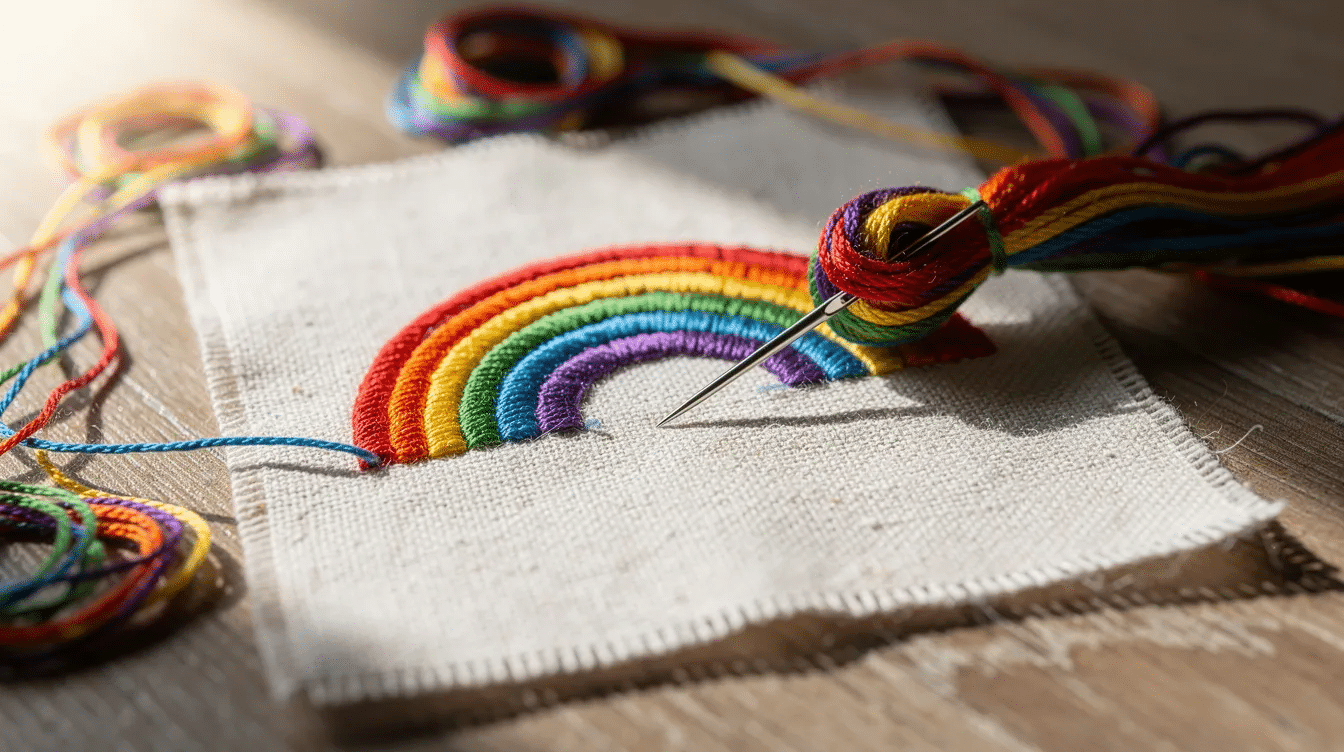 ffb15a00-228c-4dab-ac17-8f4243ee9d1f A close-up image shows a small piece of fabric featuring colorful rainbow embroidery in progress, with visible embroidery thread, a needle, and the raw edges of the fabric. This DIY project highlights the creation of embroidered espadrilles, showcasing the intricate stitching and vibrant design that will adorn the toe and heel sections of the shoes.