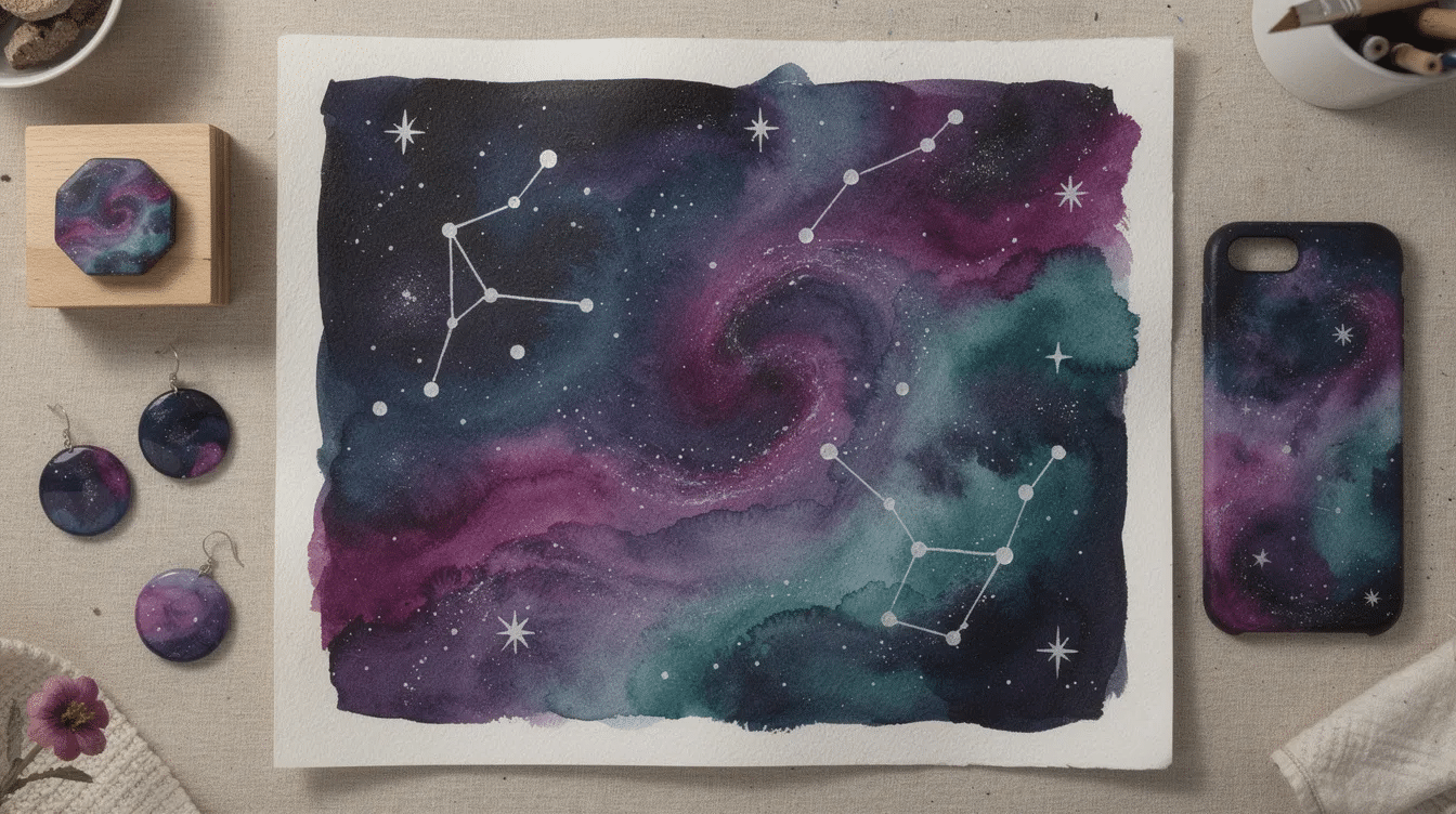 ffcf40ef-35da-4866-b27f-f563323ff3b9 The image depicts a vibrant watercolor galaxy art piece featuring swirling colors that represent the night sky, adorned with constellation dots like the Big Dipper and Orion Nebula. This DIY project showcases the creativity and imagination of crafters, inviting kids to explore the wonders of outer space through fun and colorful space crafts.