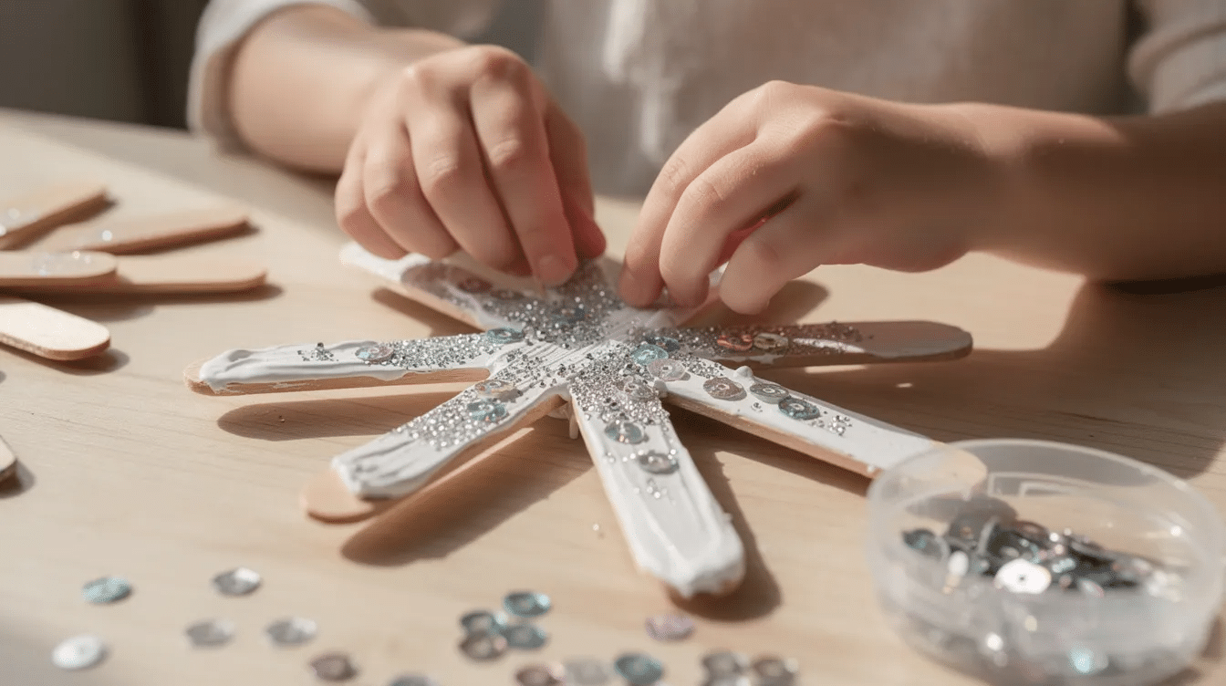 fff293c7-05f0-4831-85d0-01e80eaeeb77 A young child's hands are carefully decorating a popsicle stick snowflake with white paint and colorful sparkly sequins, showcasing a delightful DIY Christmas craft perfect for the holiday season. This fun activity encourages creativity and is a great way for kids to create their own unique Christmas ornaments.
