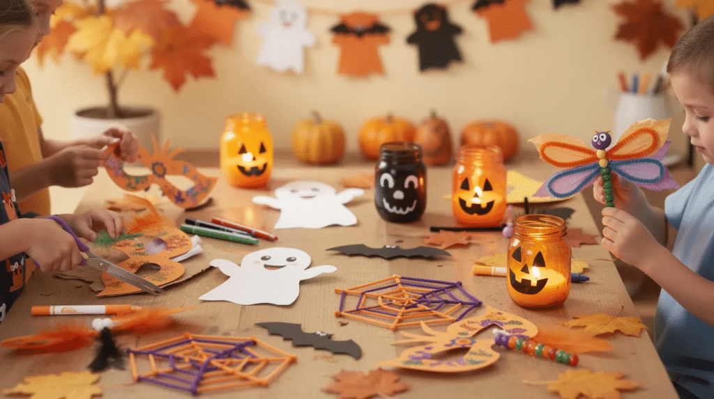 image The image showcases a variety of Halloween-themed autumn crafts, including colorful ghost decorations, bat silhouettes, and spooky lanterns, all designed to inspire creativity in kids. Various materials like construction paper and orange paint are used to create fun fall crafts that encourage storytelling and playful decoration for the season.