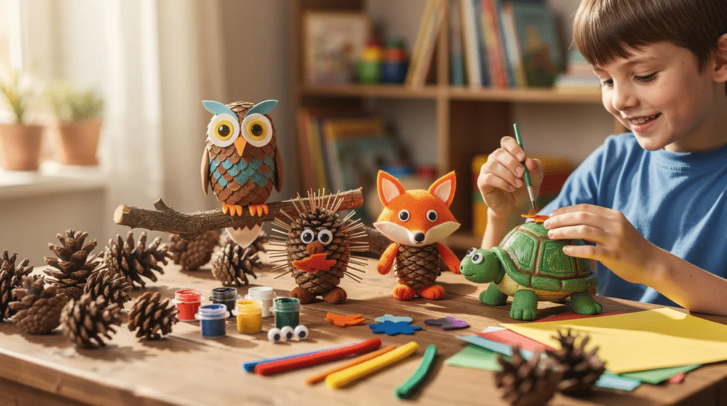 image The image showcases a variety of pine cone crafts designed for children, featuring detailed animal-themed projects that enhance fine motor skills. Colorful leaves and orange paint are used to create charming decorations, making it a fun way to engage kids in autumn crafts.