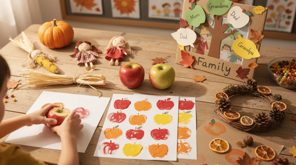 image The image features a collection of autumn crafts for kids, including apple stamps with vibrant orange paint, dried apple dolls, and colorful corn husk decorations, all arranged on a work surface. These fun fall crafts celebrate the harvest season and provide a creative way for little ones to explore colors and textures while making festive decorations.