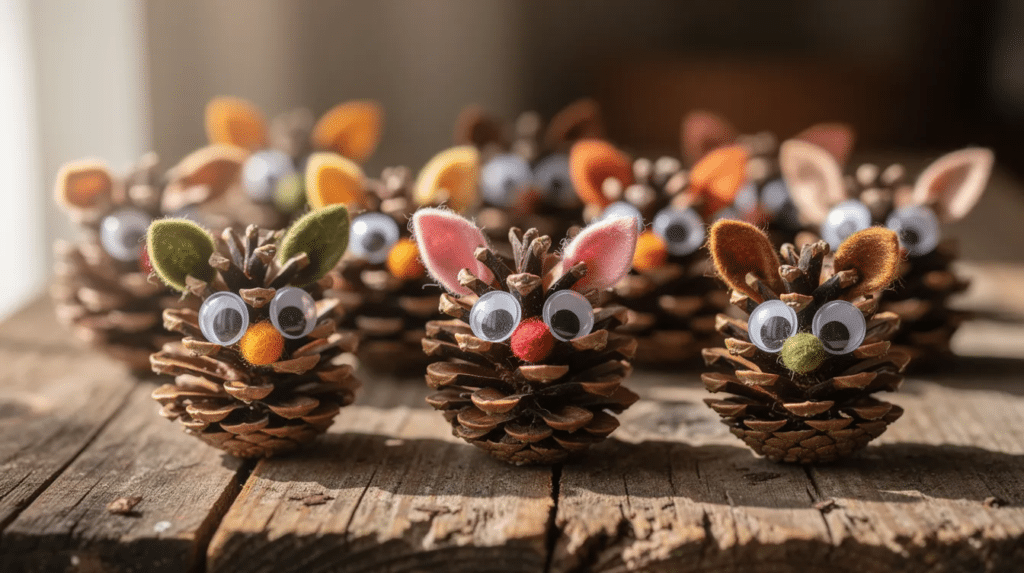 image A charming display of pine cone animals featuring small felt ears and googly eyes is arranged on a wooden surface, showcasing a delightful autumn crafts project perfect for kids. This fun fall craft idea encourages creativity and fine motor skills while celebrating the colors and textures of the season.
