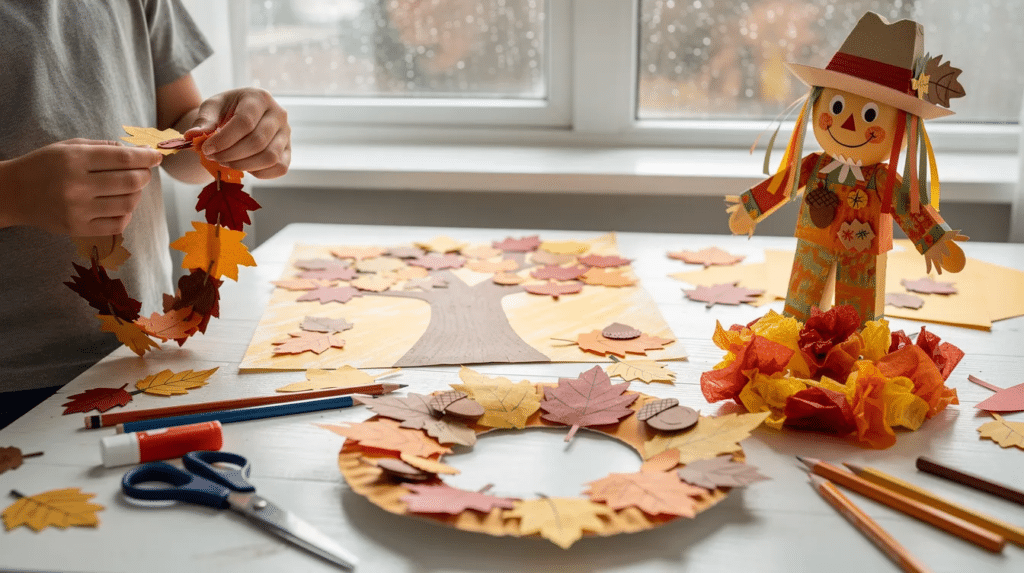 image The image showcases a variety of paper-based autumn crafts, including colorful leaf chains, construction paper trees, and whimsical scarecrow figures, all designed to engage children in fun fall crafts. These vibrant projects highlight the joy of creating with paper while exploring the beautiful colors of the fall season.