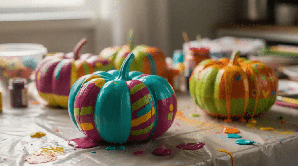 image Colorful small pumpkins, painted in bright hues, are drying on a covered work surface, showcasing a fun autumn craft project for kids. This creative activity encourages exploration of colors and fine motor skills, making it a delightful way to celebrate the fall season.