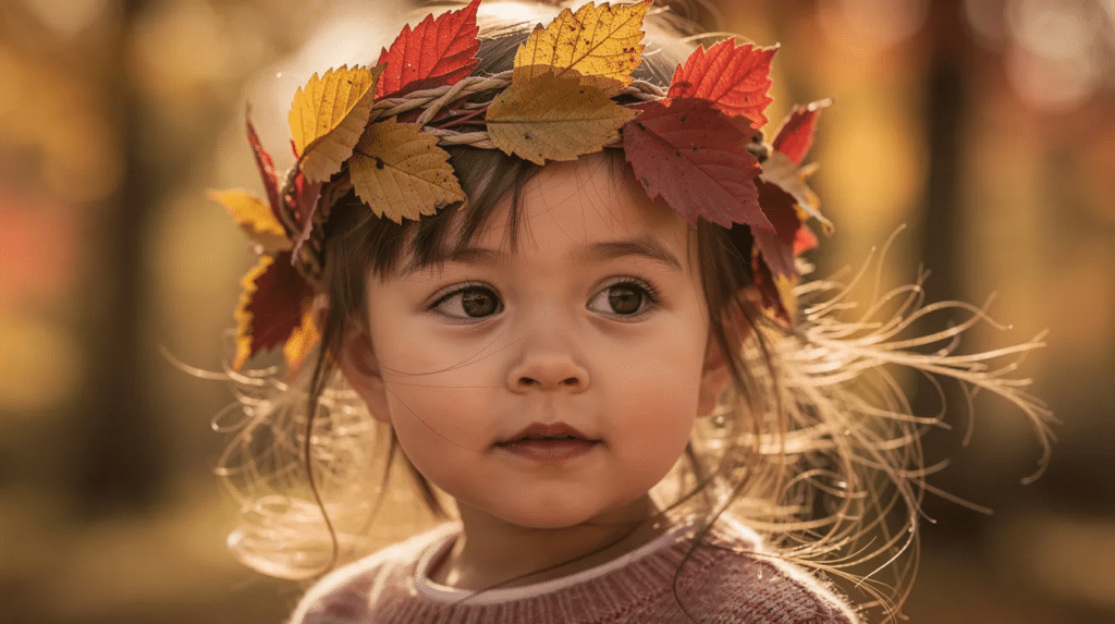 image A child joyfully wears a crown made of vibrant red and golden autumn leaves while playing outdoors, showcasing a delightful example of fall crafts for kids. This creative leaf crown captures the essence of autumn and encourages exploration of nature's colorful treasures.