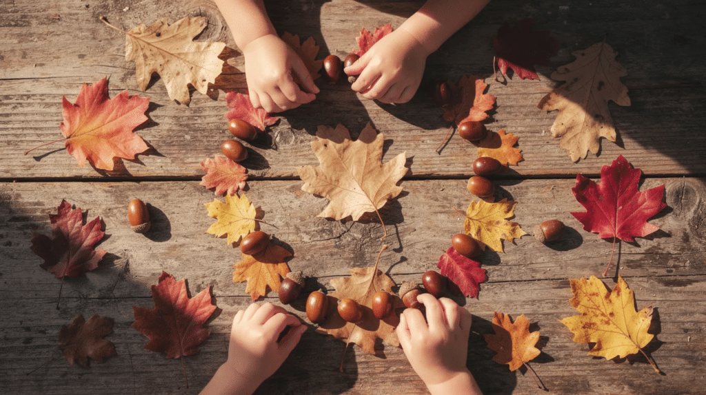 image Children's hands are carefully arranging a variety of colorful autumn leaves and acorns on a wooden table, engaging in fun fall crafts that enhance their fine motor skills. The vibrant hues of red, orange, and yellow leaves create a beautiful display as they explore nature's treasures.